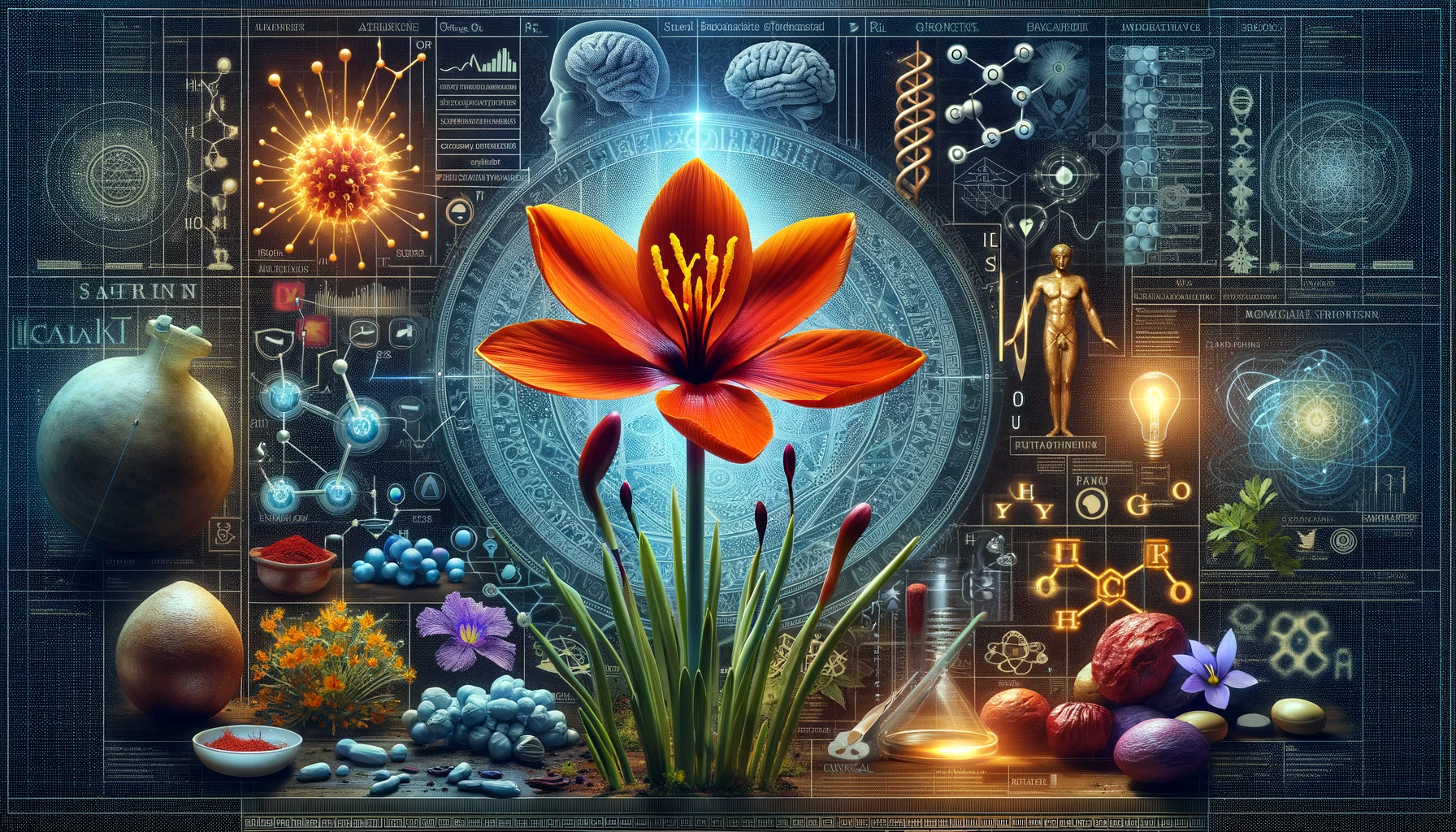Artistic illustration of the various benefits of saffron on a futuristic display behind a desk on which the saffron flower is kept alongside other healthy products.
