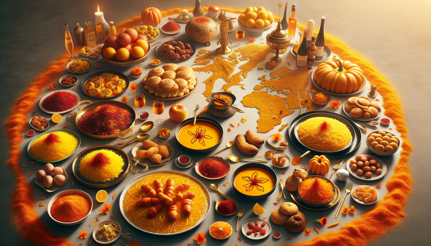 Artistic illustration of various cuisines of the world that utilize red24 saffron laid out in a decorative manner on top of a world map, surrounded by various forms of the spice.