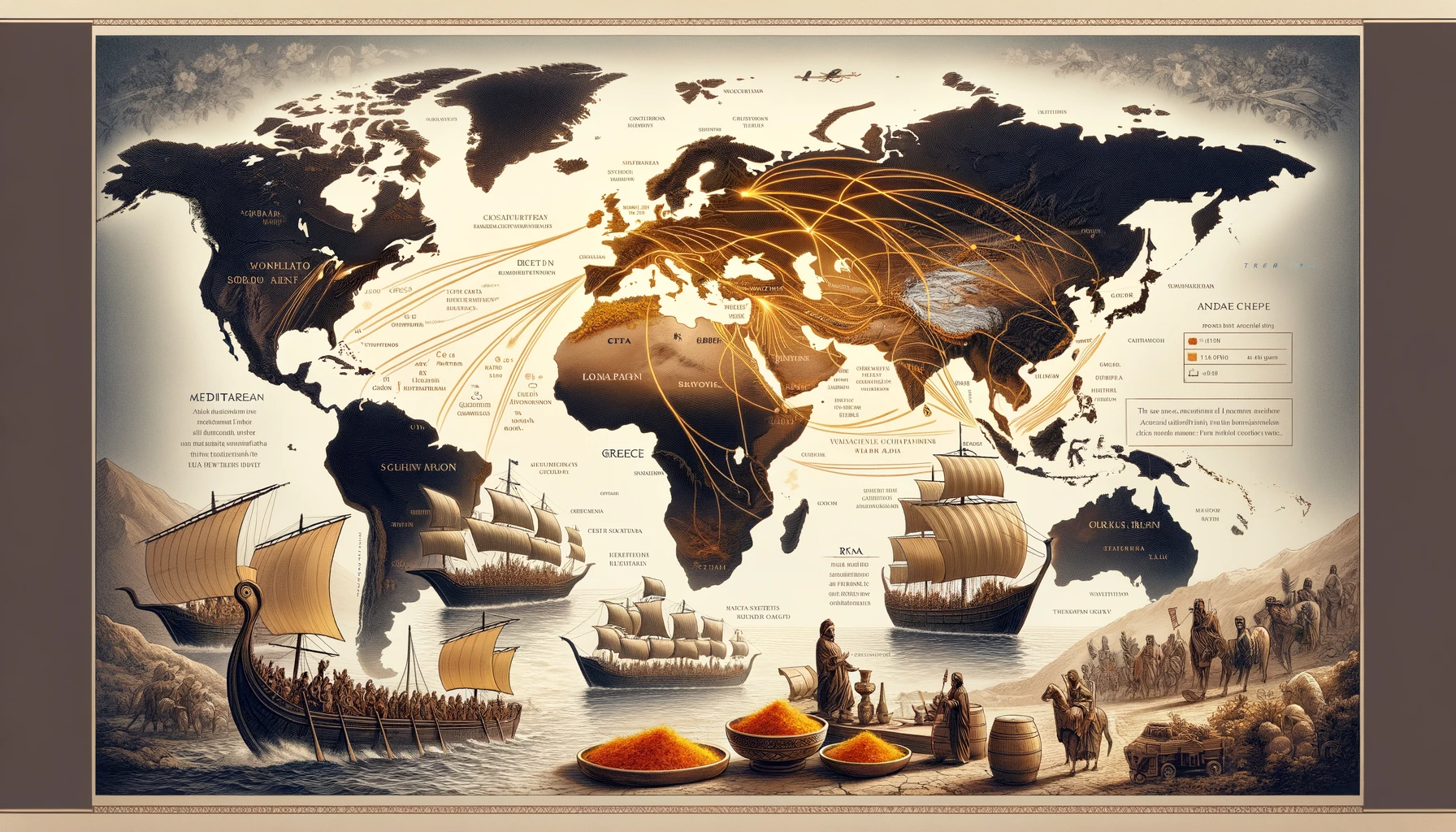 artistic illustration of world map highlighting the journey of saffron with historical accuracy. Also showing different kinds of ships, merchants and traders. The path of the journey is traced with golden threads.